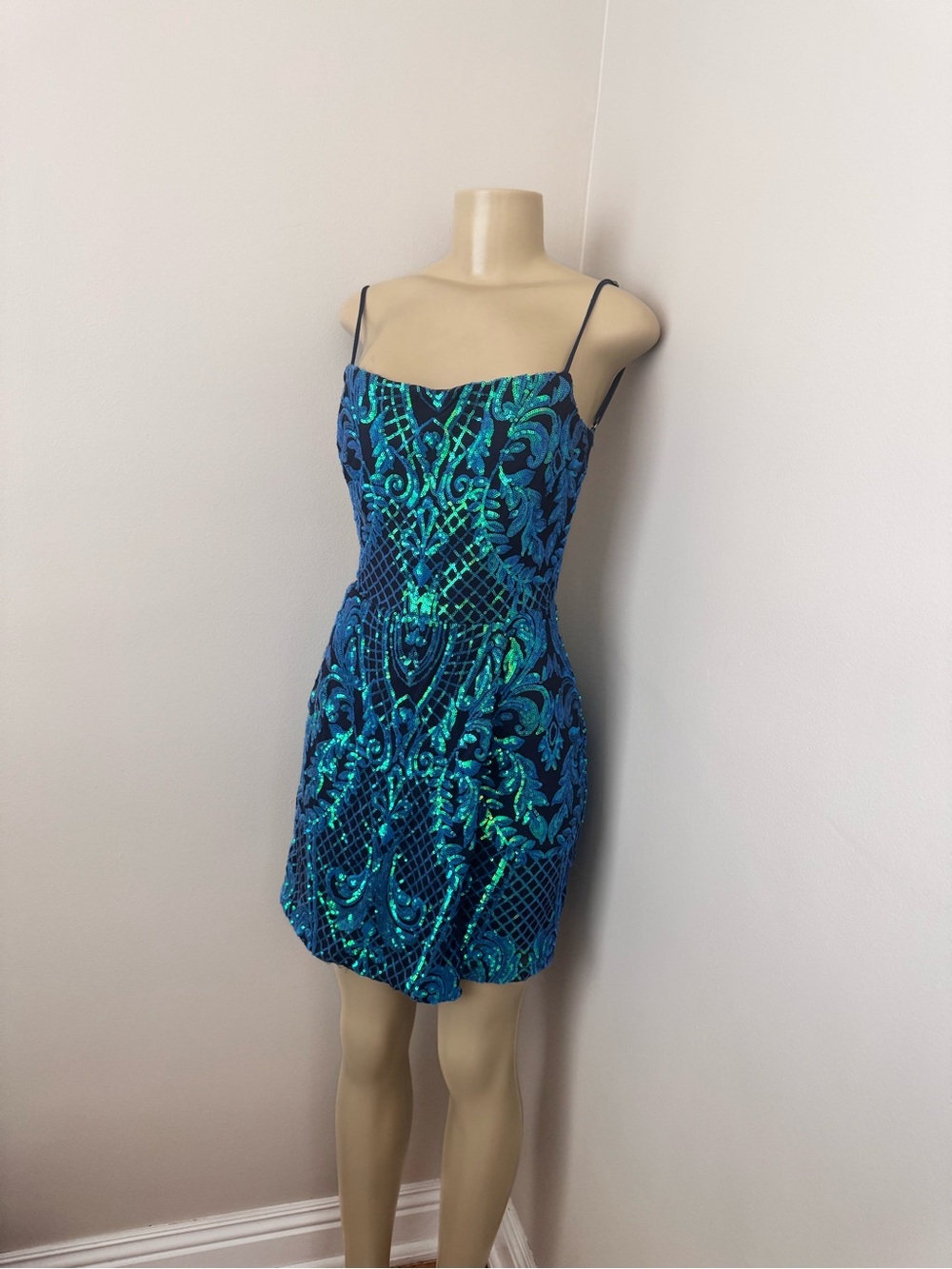 Windsor Blue Green Sequin Spaghetti-Strap Dress L